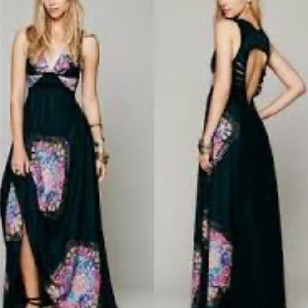 Boho Chic Black Maxi Dress with Floral Accents